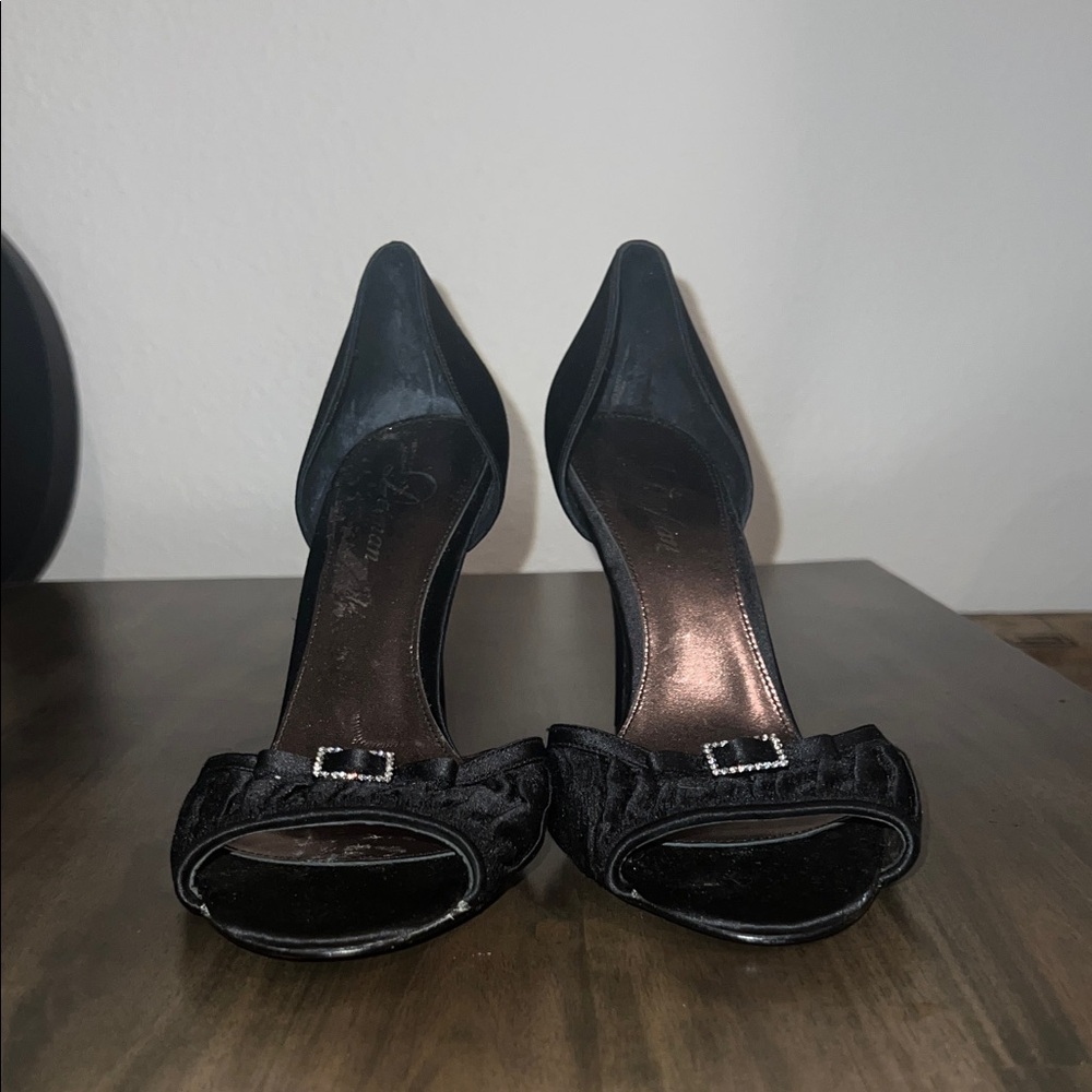 Delman Black Peep-Toe Heels with Bow Accent